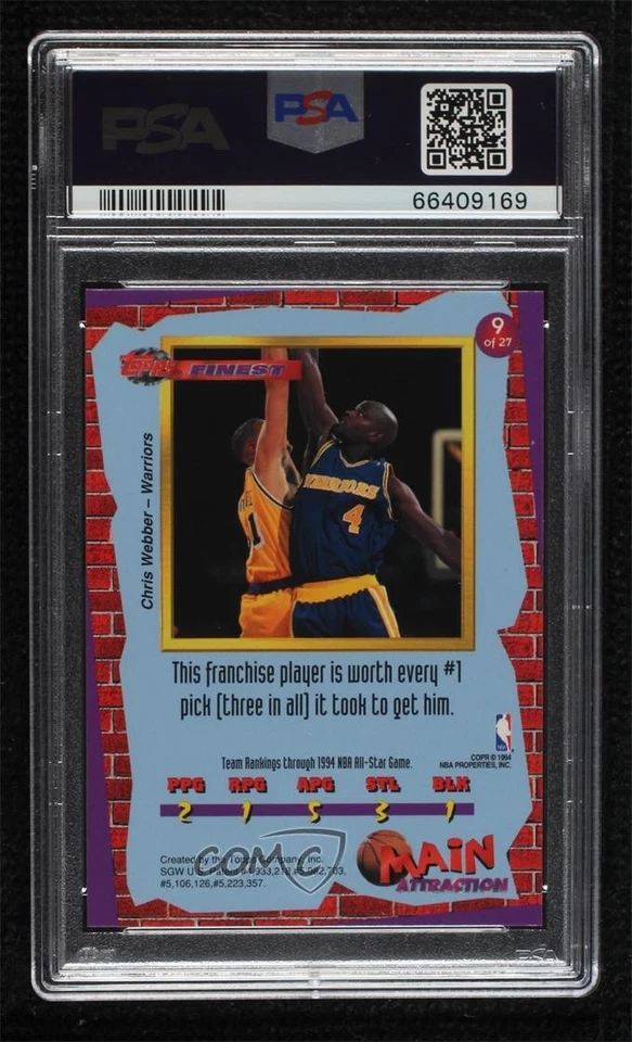 1993-94 Topps Finest Main Attraction Chris Webber #9 PSA 8 Rookie RC HOF - Image 2 of 2