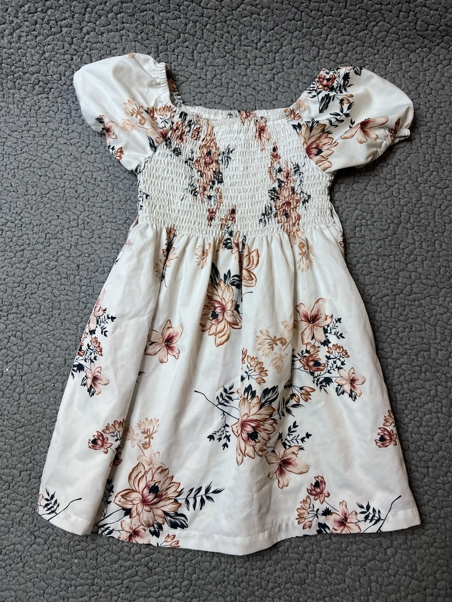 Little Girls Floral Print Short Sleeve Casual Dress Size 4T White & Pink 