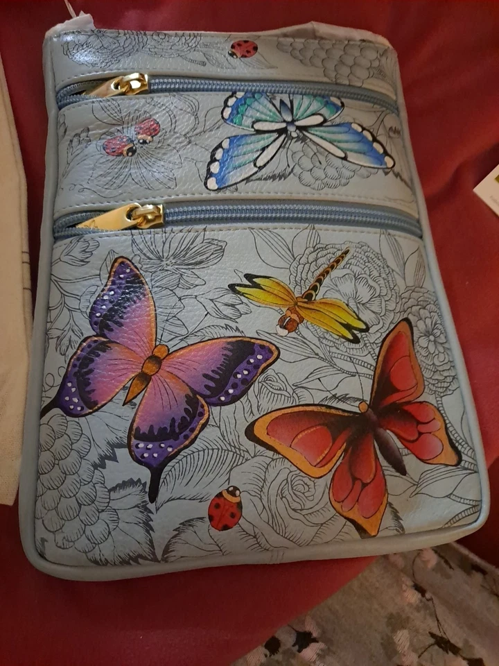 Raro! Anuschka Novo com etiquetas tiracolo de couro pintado borboleta melodia azul pronto para presente - Imagem 2 de 4