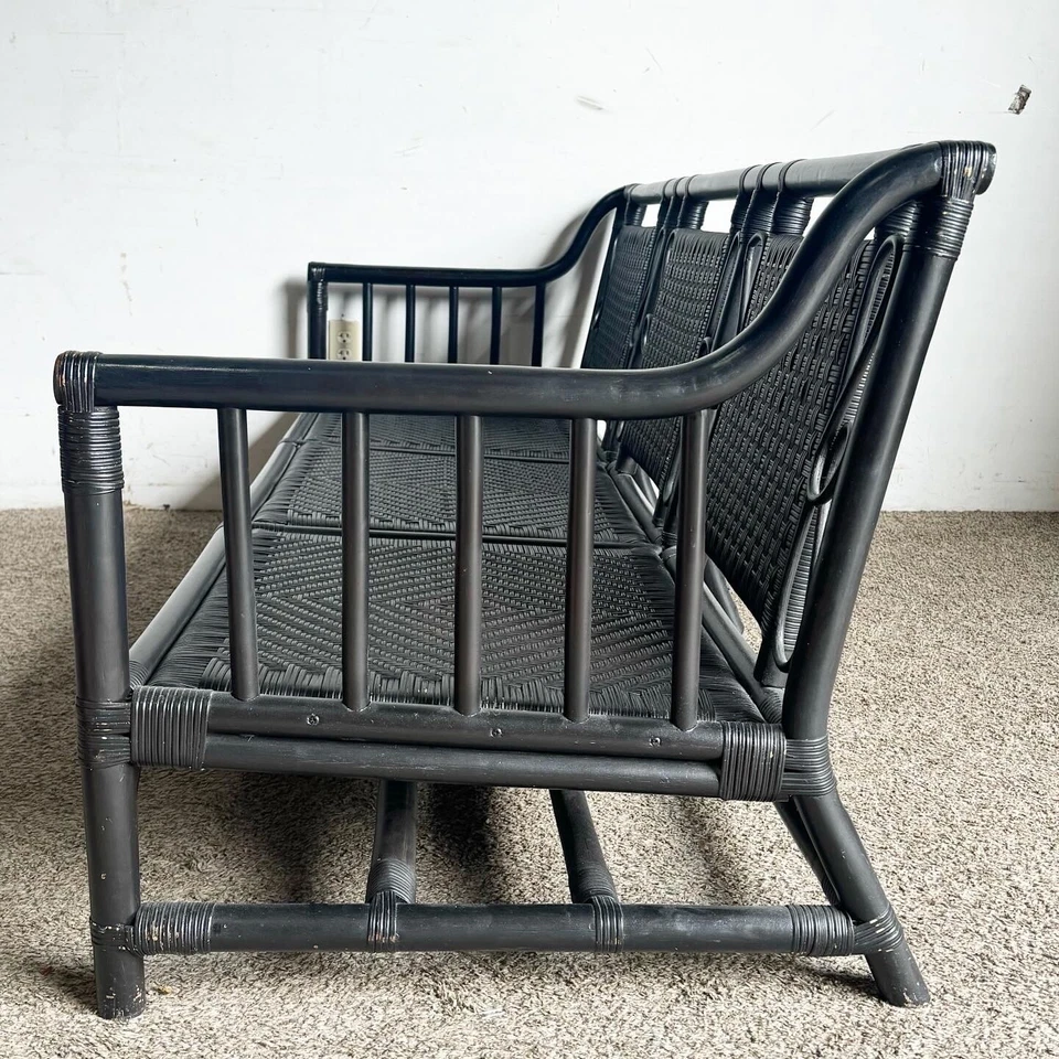 Sofá Boho Chic Negro Mimbre Ratán con Cojines Rojo Tostado y Negro Foto 4 de 4