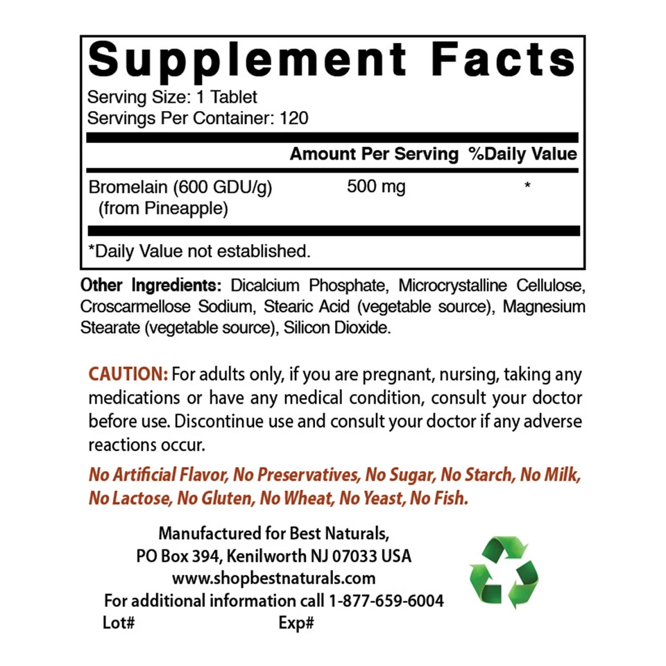 Pack de 2 Best Naturals Bromelina 500 mg 120 Comprimidos Foto 2 de 4