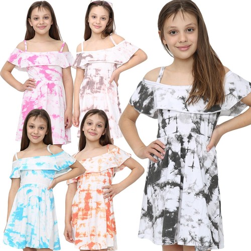 Kids Girls Skater Dress Tie Dye Print Summer Party Off Shoulder Dress 5-13 Years - Picture 2 of 47