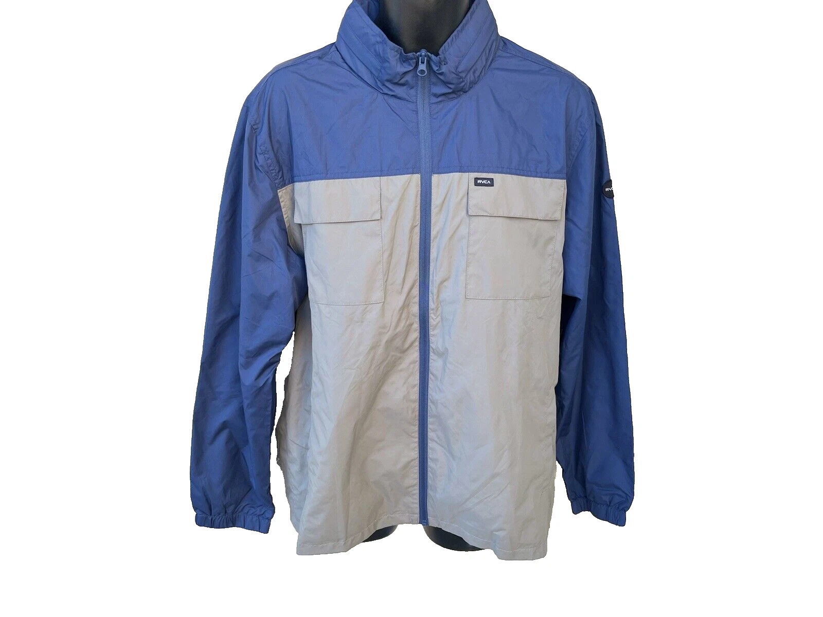 RVCA Baybreaker Windbreaker Jacket L Navy Gray Packable Hood Waterproof AVYJK001