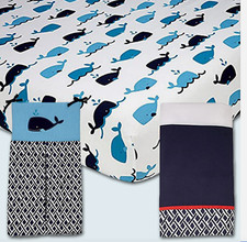 3pc Whale of a Tale Crib Bedding Set Fitted sheet Dust ruffle and Diaper Stacker