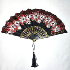Vintage 9" Folding Hand Fan Black Plastic Nylon Cloth Red  White Flowers