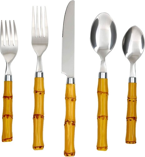 20PCS Bamboo Plastic Flatware Set Utensils Tableware Cutlery Fork,Spoon,Knife - 第 1/6 張圖片