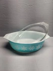 Vintage Pyrex Turquoise 2 1/2 qt Snowflake Casserole Dish with Lid Oval 045