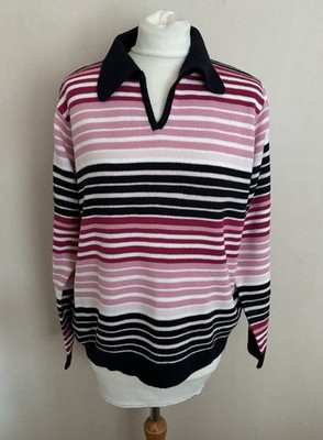 EWM dunkelblau weiß rosa rot gestreift Kragen Acryl Pullover Gr. L 18 20 sehr guter Zustand