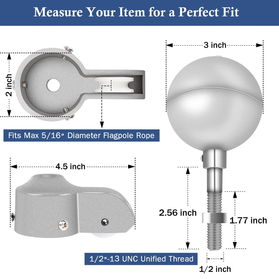 Kit de piezas de reparación de herrajes de asta de bandera, cuerda Halyard de 50 pies + bola de plata de 3" + zinc de 6"... Foto 3 de 4