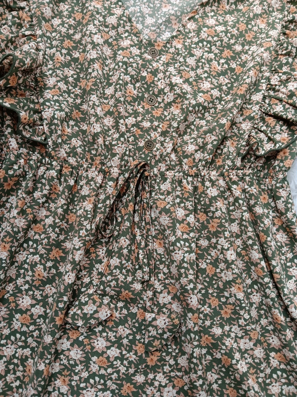 VETEMENTS Abito Umgee donna L floreale oliva ginocchio maniche a campana boho nuovo con etichetta