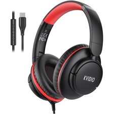 USB-C Wired Headphones with Mic  Volume Control - Foldable Design, Black Red