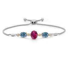 925 Silver and 10K Yellow Gold Bracelet  Created Ruby and Vivid Persian Blue