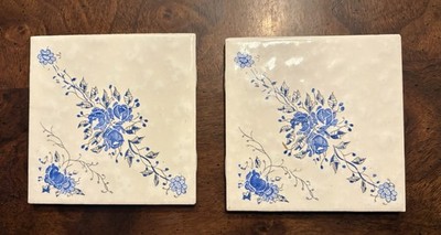 Vintage Daltile 4 x 4'' Decorative Ceramic Tile Blue Floral Pattern Lot Of 2