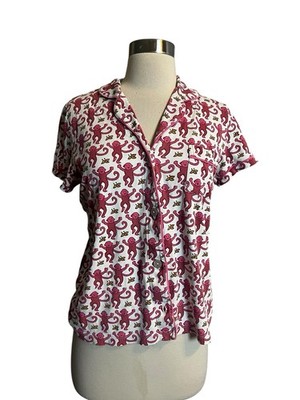 ROLLER RABBIT Pajama Top Small Pink Monkey Print Short Sleeve