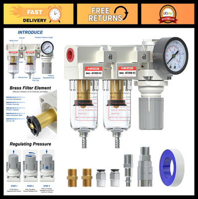 1/4'' NPT Air Dryer for Compressor - Water Separator, Double Filter, Pressure Reg