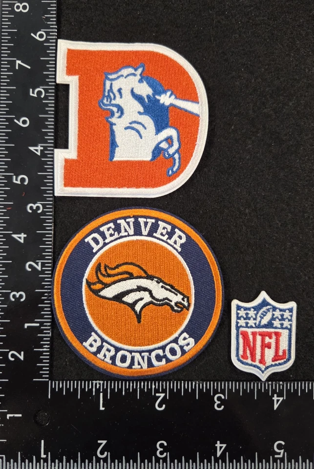 DENVER BRONCOS SET OF 3 NFL FOOTBALL IRON ON PATCHES SEE PHOTO/ RULER - Image 1 of 1