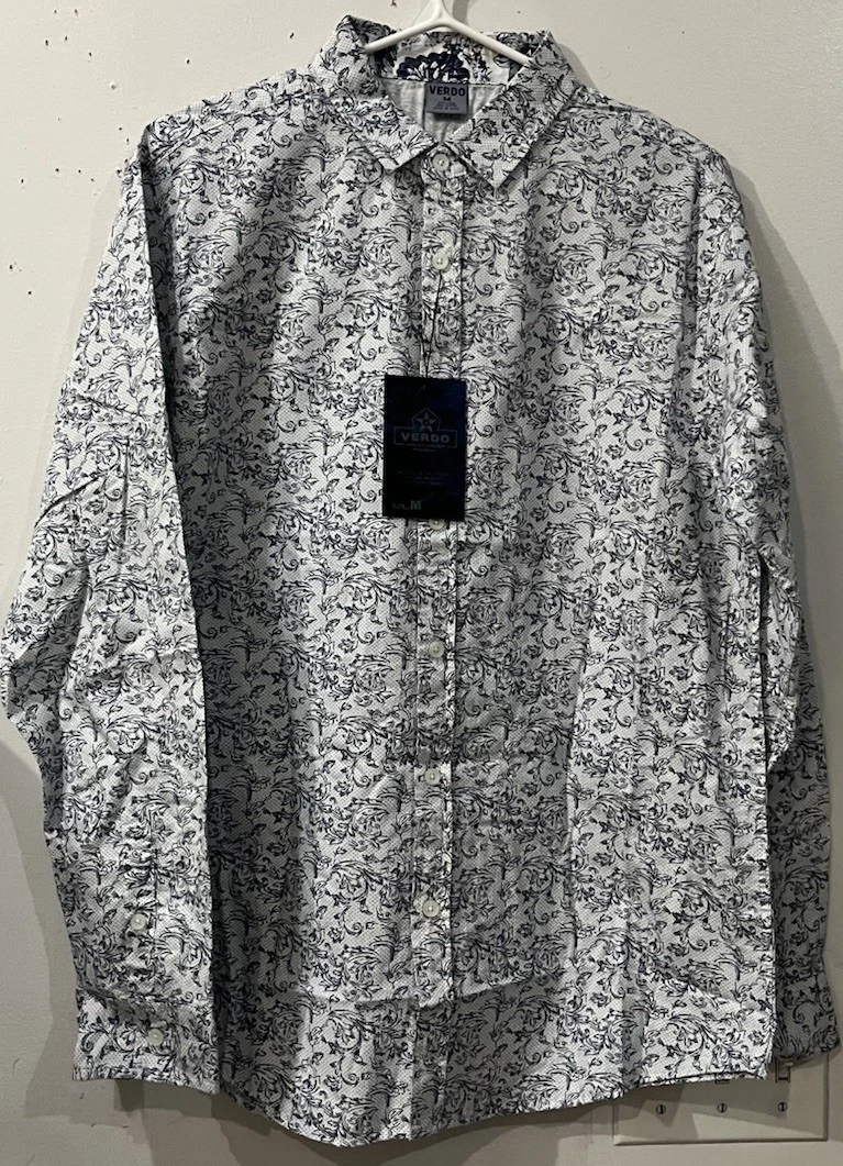 NWT Verdo Men’s White with Navy Print LS Button Down Collared Shirt Size M Or L