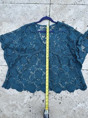 Ultra Pink Crochet Indigo / Teal - M - Rose Floral Pattern Fairy Sleeve Top
