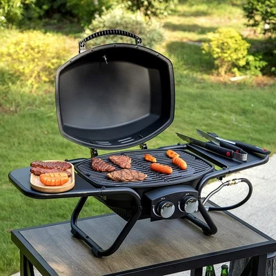 CAPTIVA DESIGNS Portable Propane Grill, 15,000 BTU TableTop Liquid Gas Grill with Side Tables