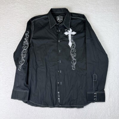 Vintage Y2K Cross Embroidered Black Button Down Long Sleeve Shirt 4X (fits  2XL) | eBay