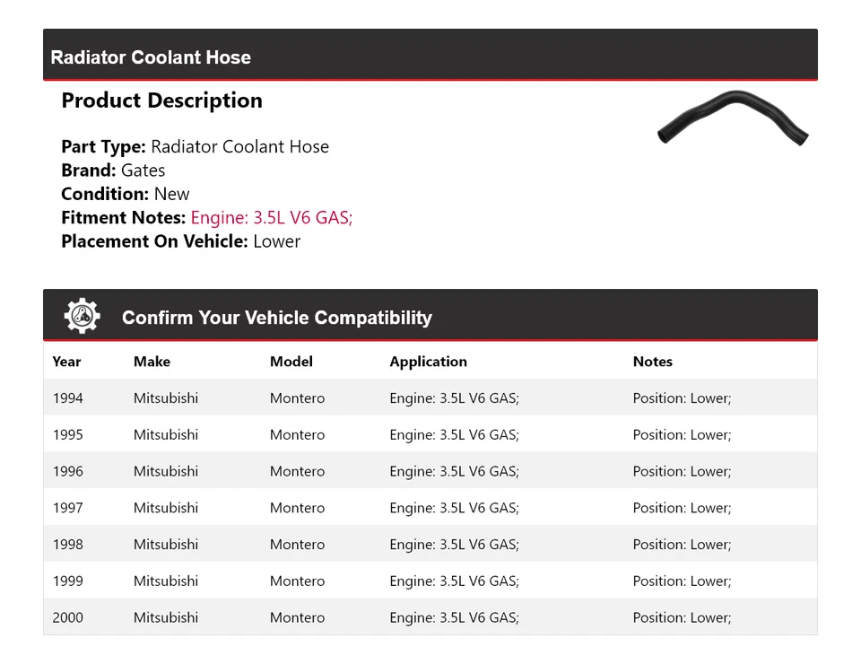 Manguera de refrigerante de radiador de gas V6 de 3,5 L para Mitsubishi Montero 1994-2000 puertas inferiores Foto 2 de 4