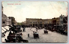 Main St Birdseye Horses Wagons Busy Downtown Dirt Ripon WI C1912 Postcard W2