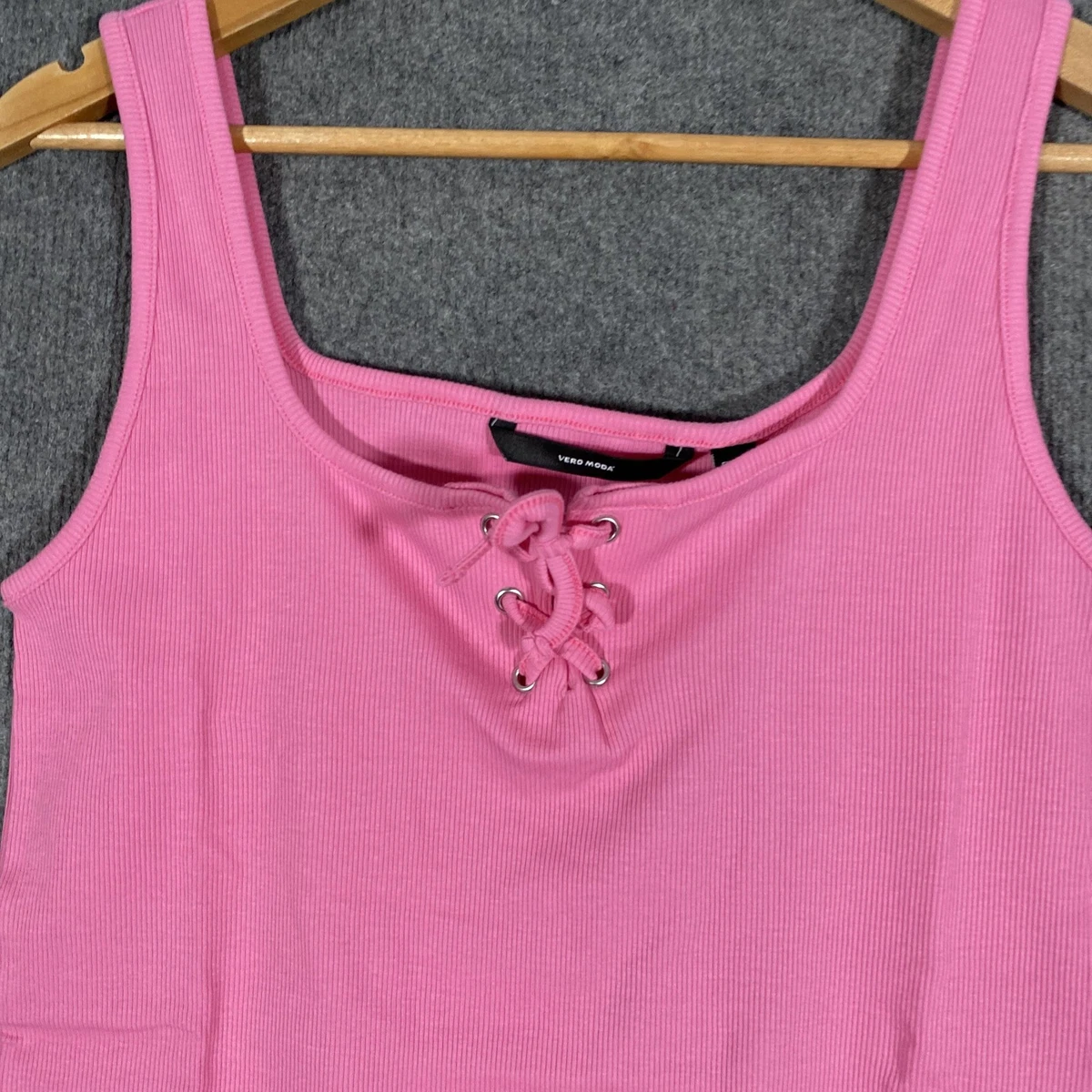 Vero Moda Tank Top Womens US L Pink Cosmos Lace Up Ribbed Organic Cotton NEW