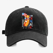 Funny Patriotic Hot Dog Dad Hat, 4th of July Retro Checkered Washed Baseball Cap