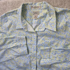 LL Bean Button Up Shirt Womens 1X Blue Floral Cotton Cottage Mature Coastal Mom