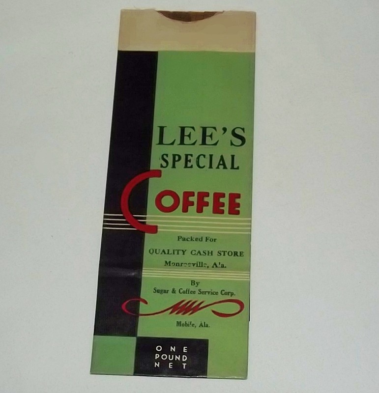 1940's VINTAGE LEE'S SPECIAL COFFEE BAG QUALITY CASH STORE MONROEVILLE ALA - NOS