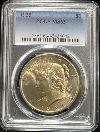 1925 Silver Peace Dollar PCGS MS63 US Graded Coin Slab Philadelphia Mint 90%