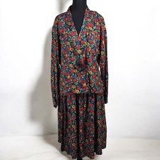 Vintage Chaus Floral Medallion Rayon 2 Piece Skirt Set Blouse L Midi Skirt 12