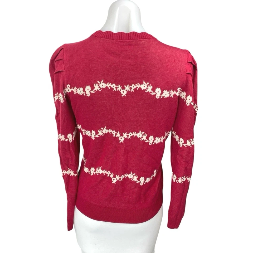 Suéter Top Ann Taylor LOFT Para Mujer Rojo Floral Rayas Manga Larga Abullonada Talla S Foto 2 de 4