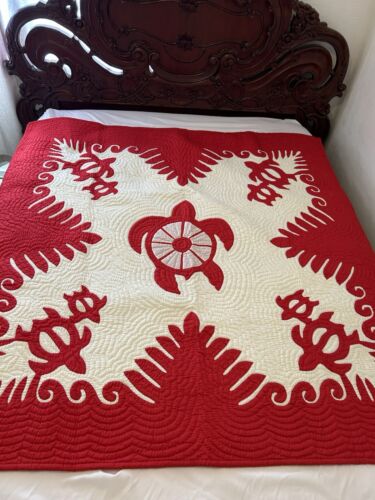 hawaiian handmade quilts bedspread/blanket/wall hanging 60”/60” Red Turtles New - Picture 3 of 10