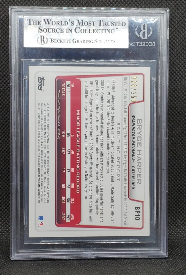 2012 Bowman Prospects #BP10 Bryce Harper Rookie ORANGE #28/250 *BECKETT 9 MINT!* - Image 2 of 2