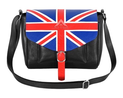 Damen Union Flag Flap Crossbody Leder Tasche Handarbeit Schwarz Reisetasche
