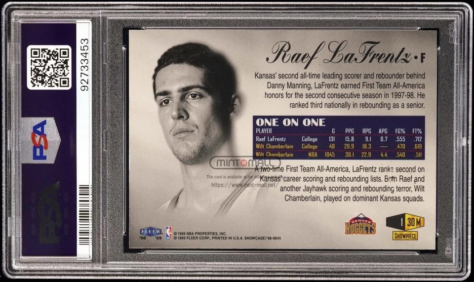1998-99 Flair Showcase #30 Raef LaFrentz Masterpieces Row 1 PSA8 1/1 - Image 2 of 2