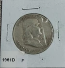 1951D US BENJAMIN FRANKLIN Half Dollar 90% Silver F