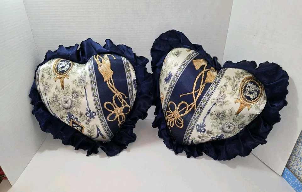 2 Heart Shape Throw Pillows Navy Blue Satin Silk Ruffle Trim Baroque Regal Style - Image 3 of 4