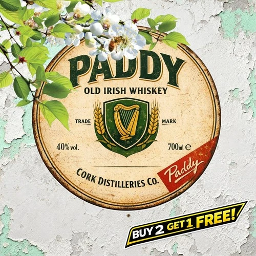 Paddy Old Irish Whiskey 8x8 Round Aluminum Tin Sign Vintage Bar Pub Decor
