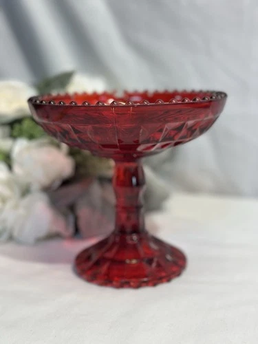 Vintage Jeanette Diamond Compote Ruby Red Glass - Beaded  5.5in Chipped