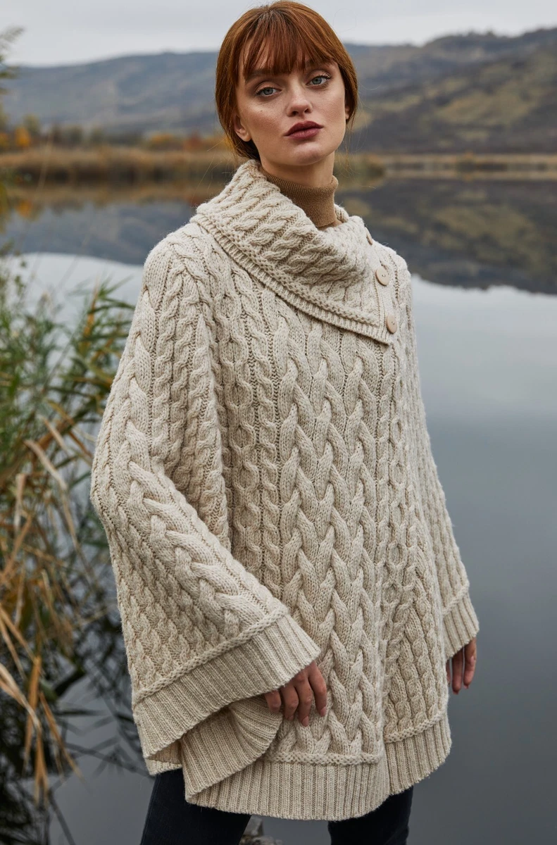 Ladies Cable Knit Poncho with Buttons