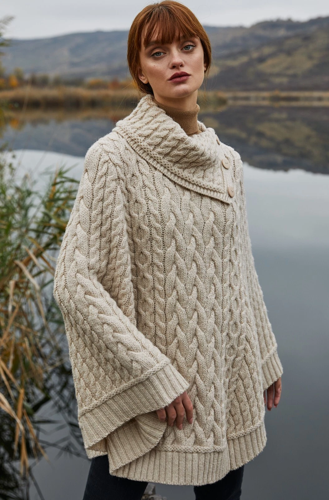 SAOL 100% Merino Wool Irish Cape Cowl Neck Button Poncho Women's Aran Sweater
Opens in a new window