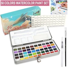 Professional 50 Colors Watercolor Paint Draw Painting + Water Brush Pigments Set