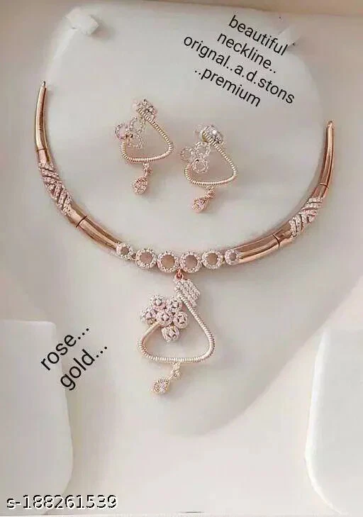 Indian Fancy Rose Gold Plated American Diamond Necklace & Earring Jewelry Set
