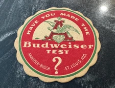 EARLY BUDWEISER TEST BEER 4" COASTER ANHEUSER BUSCH BREWING CO ST LOUIS MO