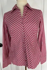 Loft, Sz.6, Pink & White Black Striped V Neck, Long Sleeve Shirt