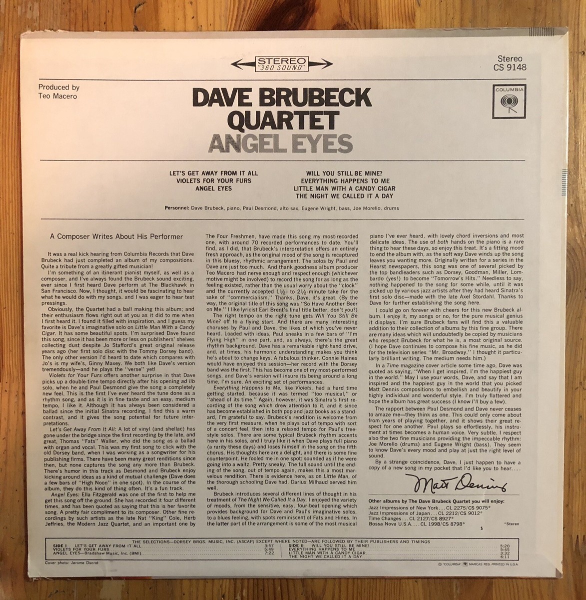 Angel Eyes Dave Brubeck 1965 Columbia Records CS 9148 Record Vinyl