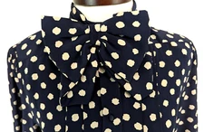 Vtg NINA RICCI Paris Size 6 Silk Top Blouse Bow Navy Polka Dot HONG KONG ~ VEUC*