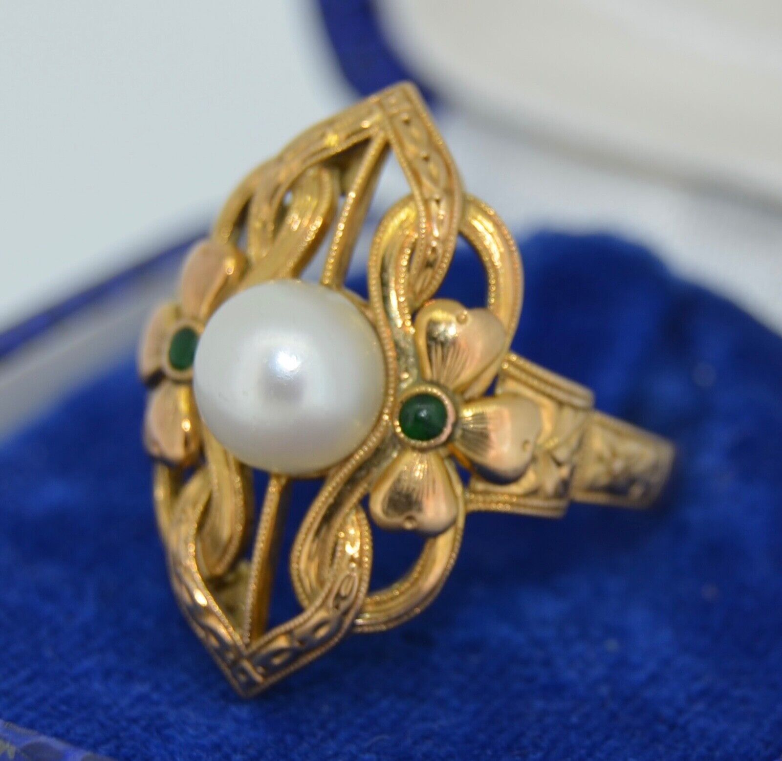 Edwardian 14K Pearl & Jade Ring - image 4